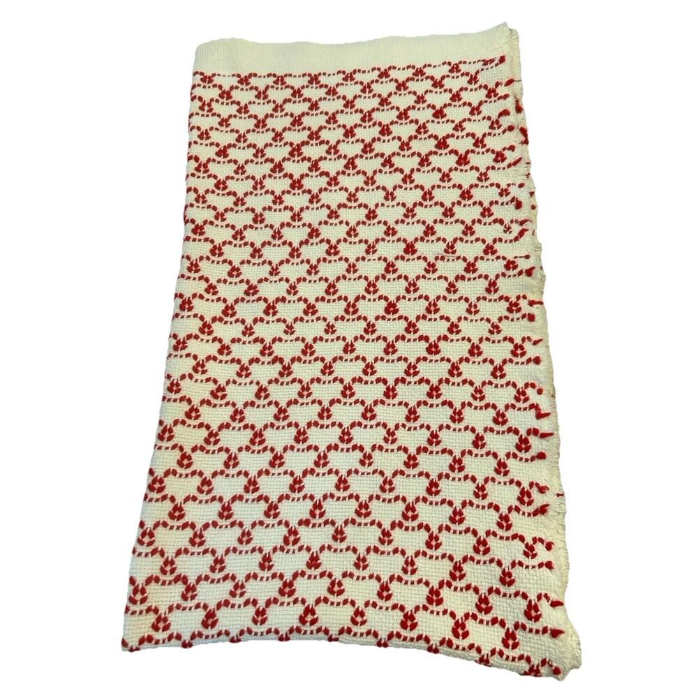 Vtg White Red Ribbon Embroidered Cotton Fabric Upholstery for Pillows 26”x45”